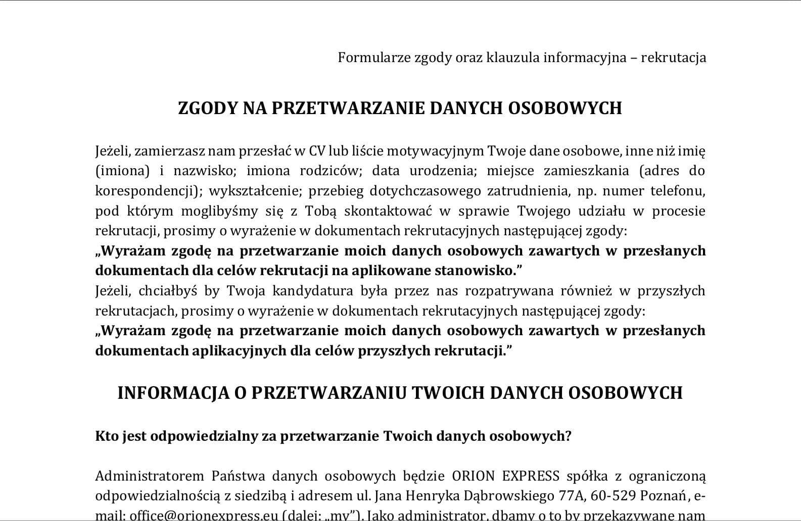 Zgoda na przetwarzanie danych osobowych